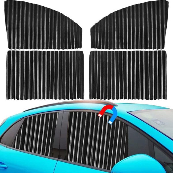 Car Window Shade -Car Side Window Sun Shade Car Curtain Pleated Silky UV Protection Privacy Baby Suction Magnetic (Black-Opaque, Front&Back 4pcs)