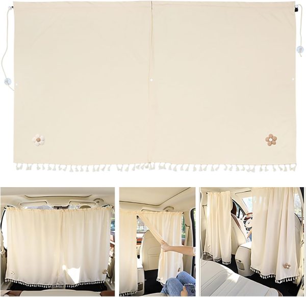 2 PCS Car Privacy Curtains, Front and Rear Partition Sun Protection and Heat Insulation Covers, Cute Flower Decoration Sleeping Curtains with Hook Suction Cup Accessory, for Cars SUVs (Beige)