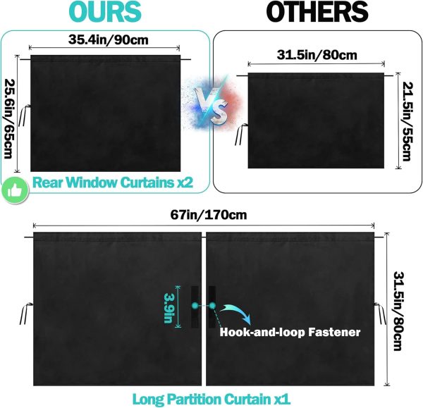 99% Light Blocking Car Curtains, 1 Rear Seat Divider Curtain & 2 Rear Side Window Curtains, Car Curtains for Windows, Wide Sedan SUV Sunshade Covers Car Cabana(Extra Large Car Curtains 3 Pcs) - Image 2