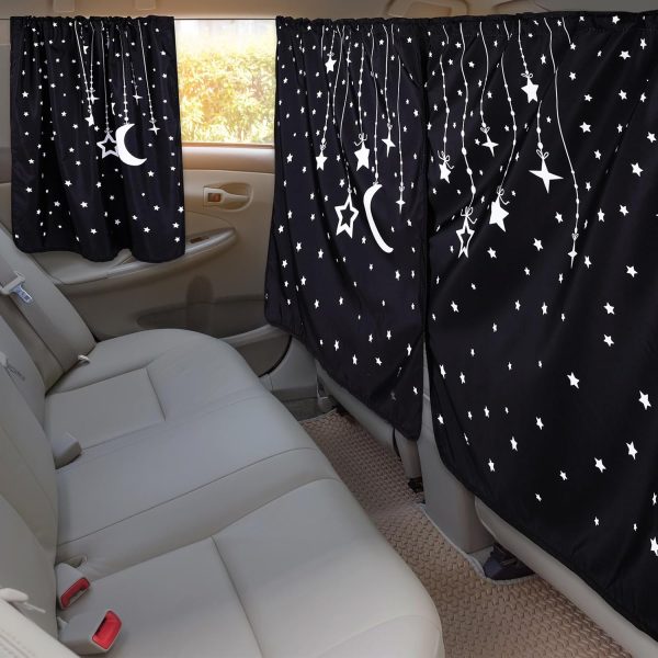 Privacy Curtains Set - 3 Car Dividers for Windows, Sedan, SUV, Travel & Camping - Detachable, Moon & Star Design