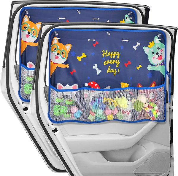 2 Pack Car Window Shade for Baby, Blackout Car Sun Shades with Storage Pockets, 7 Suction Cups, Blue, Cute Patterns for Sun/Heat/UV Rays Protection, Standard Passenger Cars
