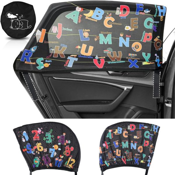 Car Window Shade for Baby, 2-Pack Breathable Mesh Rear Window Screens, Universal Stretchable Sun Shades, Heat and UV Block, Privacy Shield for Toddler Kids Babies (ABC+123)
